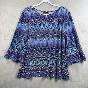 Bob Mackie Peacock Feather Liquid Knit Top Sz XL 3/4 Ruffle Bell Sleeve Art